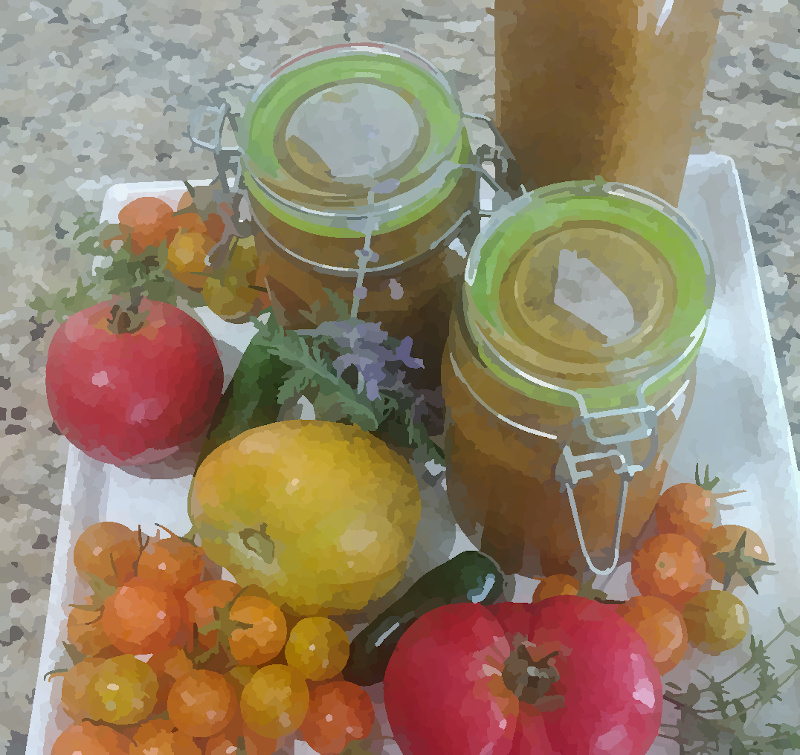 Utilizing fresh ingredients from a bountiful garden, including jalapenos, scotch bonnets, and cherry tomatoes